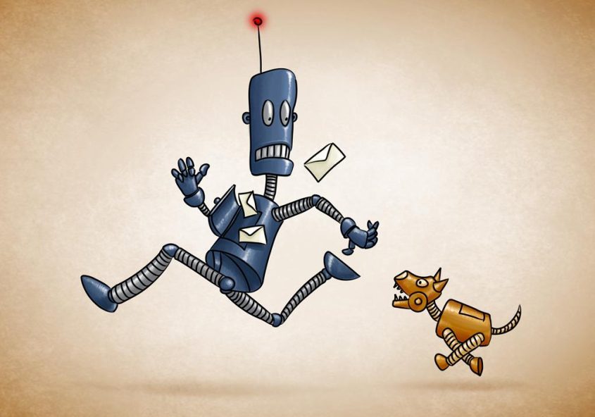 Robot Postman chased by the family dog.